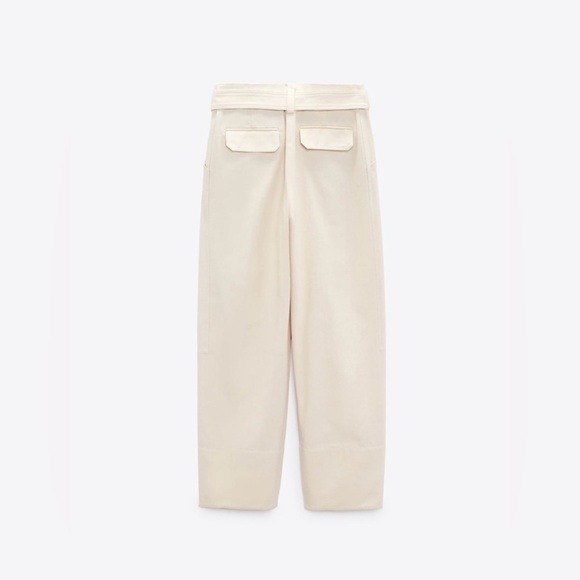 Zara Women Oyster White Bloggers Fav High-Rise Belted Cotton Loose Pants Sz L - Picture 5 of 15